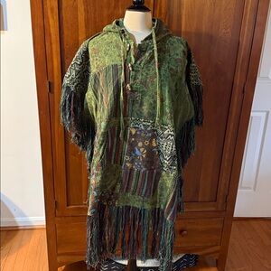 Patchwork Hooded Fringe Poncho